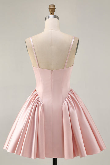 Blush Cowl Neck A-Line Spaghetti Straps Beaded Satin Cocktail Dress